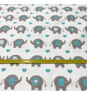 Tissu coton au métre couleur blanche eléphants et coeurs turquoise