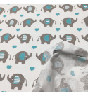 Tissu coton au métre couleur blanche eléphants et coeurs turquoise