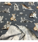 Bavlnená látka vzor čierne mini mačky na šedom podklade, metráž 160 cm 