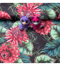 Bavlnená látka vzor Chryzantemy na čiernom podklade, metráž