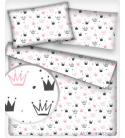 Dětská dekorační bavlněná látka vzor korunky růžové bílém 