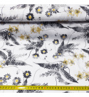 Tkanina bawełniana wzór szare liście i szare-żółte kwiaty