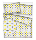 Dětská dekorační bavlněná látka vzor hvězdy šedé a žluté na bílém