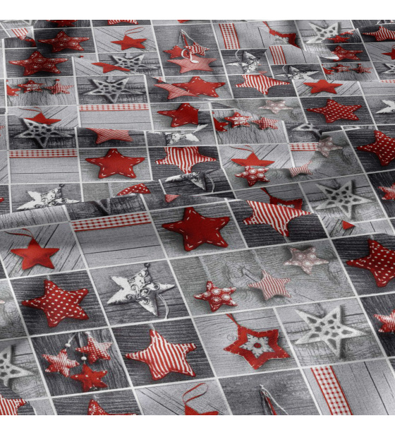 Vánoční bavlněná látka, metráž, šíře 160 cm, Vánoční ozdoby hvězdy Červené na Šedém