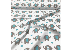 Bavlněné látky, metráž, Sloni se srdíčky Tyrkysové na Bílém