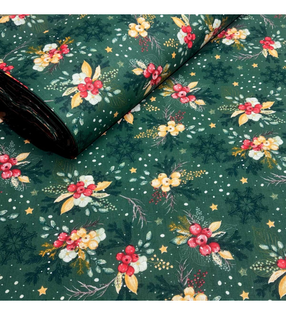 Vánoční bavlněná látka, metráž, šíře 160 cm, Vánoční vzor na Zeleném