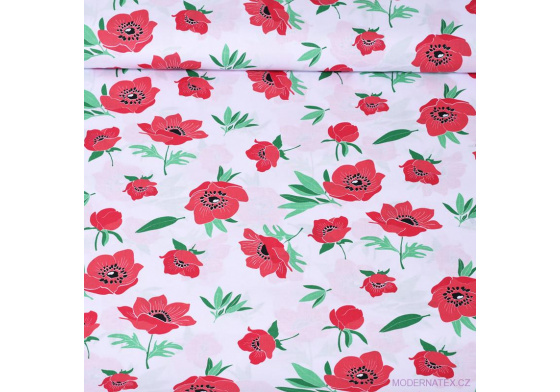 Dekorační dětská bavlněná látka vzor Divoký mák zelená na bílém