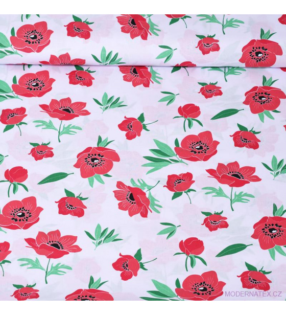 Dekorační dětská bavlněná látka vzor Divoký mák zelená na bílém