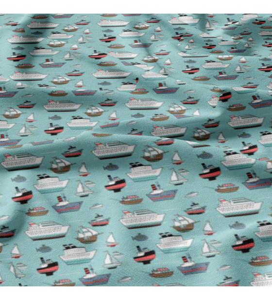 Dětská bavlněná látka metráž Lodě na Modrém