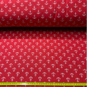Tkanina bawełniana wzór białe kotwice na czerwonym tle