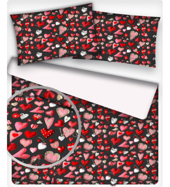 Dekorační bavlněná látka metráž vzor Valentinky na černém