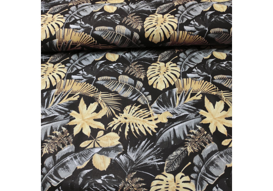 Bavlněná látka vzor Listy na černém