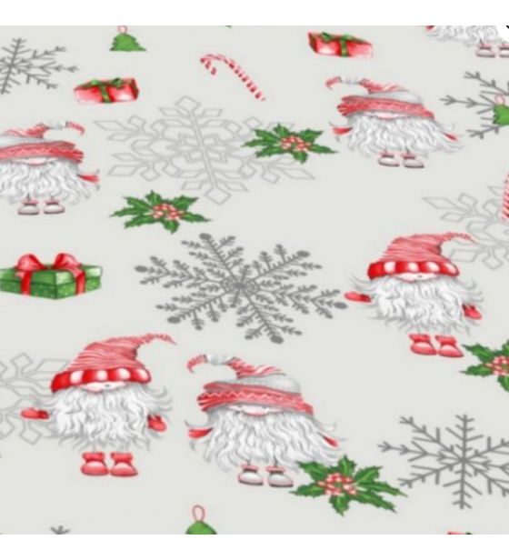 Vánoční bavlněná látka, metráž, šíře 160 cm, Skřítci Červené a Zelené na Šedém, Šedé vločky