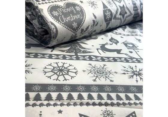 Vánoční bavlněná látka, metráž, šíře 160 cm, Skandinávský motiv Šedý na Bílém