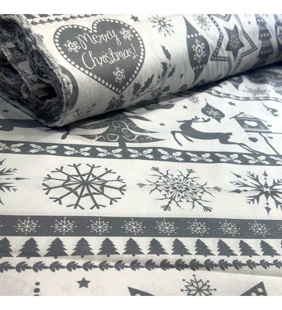 Vánoční bavlněná látka, metráž, šíře 160 cm, Skandinávský motiv Šedý na Bílém