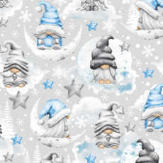 Vánoční bavlněné látky vzor trpaslík MODRÉ na šedém 3