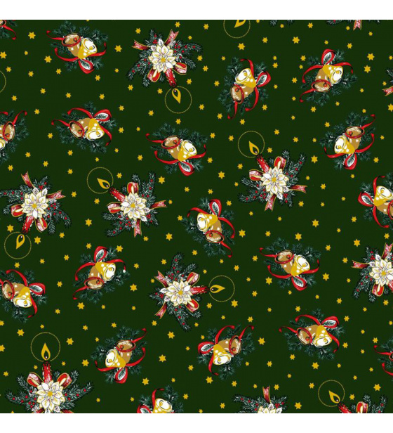 Vánoční bavlněná dekorační látka, metráž 160 cm, vzor Vánoční Motiv na zeleném