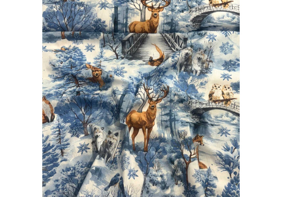 Vánoční bavlněná látka, metráž, šíře 160 cm, vzor Příroda Modrá na Bílém