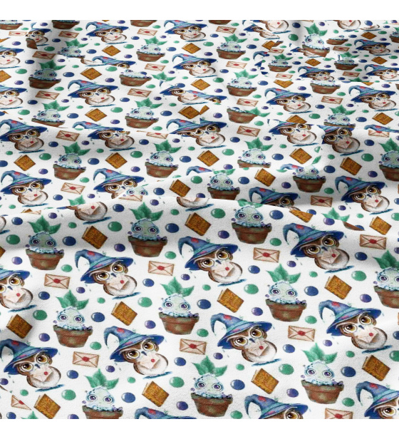 Bavlněné látky, metráž. Sova kouzelná na Bílém