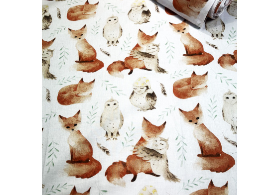 Bavlněné látky, metráž. Veverka a Sova na Bílém