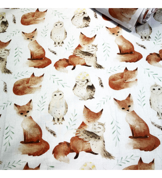 Bavlněné látky, metráž. Veverka a Sova na Bílém