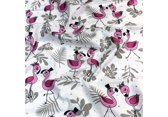 Cotton fabric, by the meter. Flamingos on the White