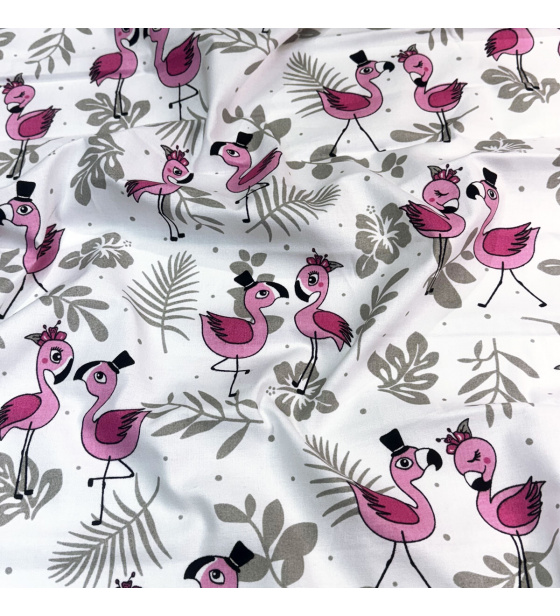 Cotton fabric, by the meter. Flamingos on the White