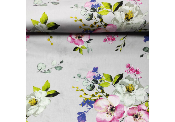 Dekorační dětská bavlněná látka vzor velký Květ Jabloně na sv. Šedém