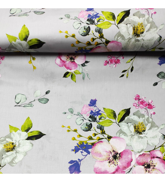 Dekorační dětská bavlněná látka vzor velký Květ Jabloně na sv. Šedém