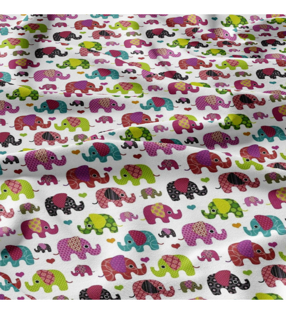 Bavlněné látky, metráž. Sloni Amarantové na Bílém