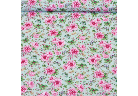 Dekorační dětská bavlněná látka vzor kytičky malé Růže na zeleném