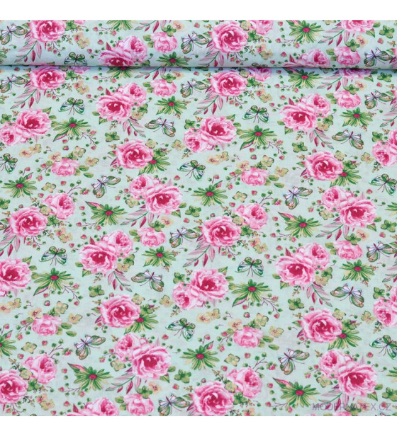 Dekorační dětská bavlněná látka vzor kytičky malé Růže na zeleném