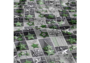 Vánoční bavlněná látka, metráž, šíře 160 cm, Vánoční ozdoby hvězdy Zelené na Šedém