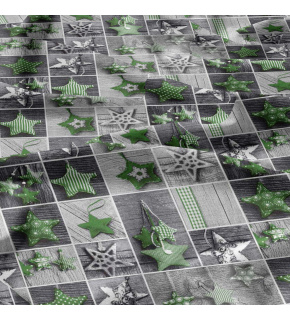 Vánoční bavlněná látka, metráž, šíře 160 cm, Vánoční ozdoby hvězdy Zelené na Šedém