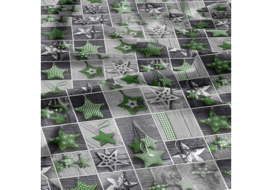 Vánoční bavlněná látka, metráž, šíře 160 cm, Vánoční ozdoby hvězdy Zelené na Šedém