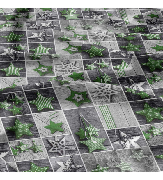 Vánoční bavlněná látka, metráž, šíře 160 cm, Vánoční ozdoby hvězdy Zelené na Šedém