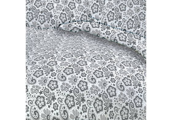 Dekorační dětská bavlněná látka vzor kytičky vzor Krajka šedá na bílém