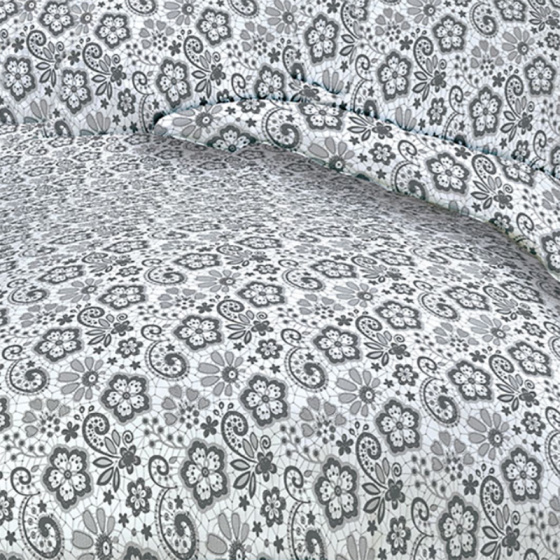 Dekorační dětská bavlněná látka vzor kytičky vzor Krajka šedá na bílém