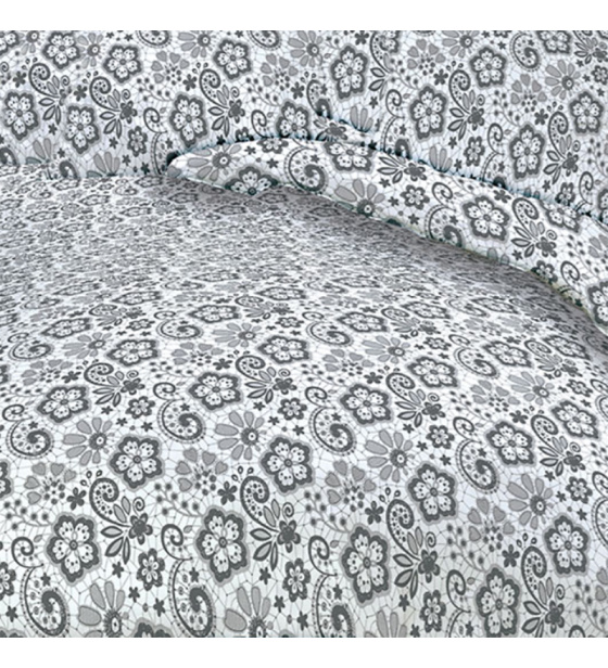 Dekorační dětská bavlněná látka vzor kytičky vzor Krajka šedá na bílém