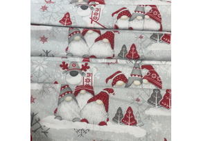 Vánoční bavlněná látka, metráž, šíře 160 cm, Skřítci Červené na Šedém, Červené sněh.vločky