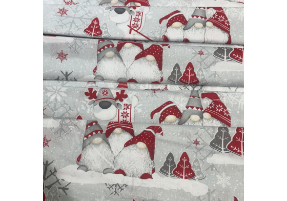 Christmas cotton fabric, by the meter, width 160 cm, Red Gnomes on Gray, Red snowflakes.flakes
