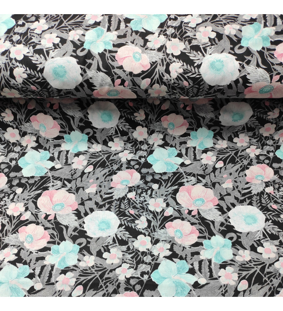 Dekorační dětská bavlněná látka vzor kytičky na černém