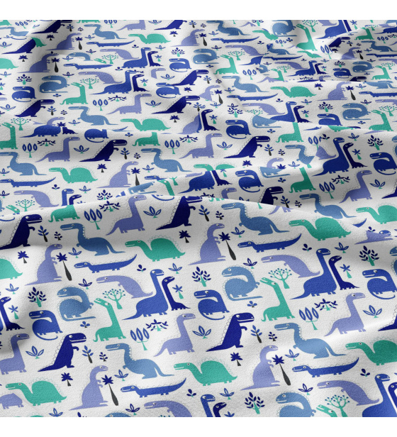 Bavlněná látka, metráž. Dinosaury Tyrkysové na Bílém