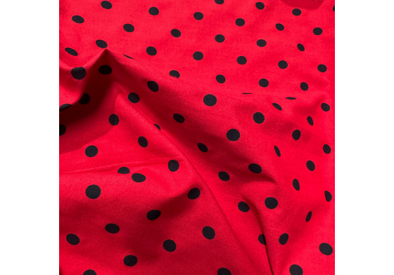 Dětské bavlněné látky vzor Puntík 7 mm Černý na červenám, metráž