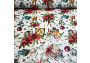 Vánoční bavlněná látka, metráž, šíře 160 cm, Lampa a Skleničky
