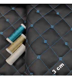 Ekokůže MIX 3x3 cm barva černá prošívaná tyrkysovými nitěmi, metráž, 145 cm