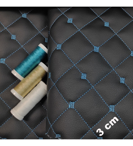 Ekokůže MIX 3x3 cm barva černo tyrkysová prošívaná, metráž, 145 cm