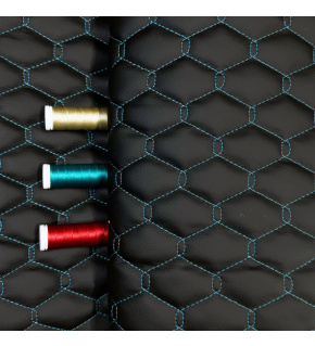 Ekokůže GEO barva černá prošívaná tyrkysovými nitěmi, metráž, 145 cm