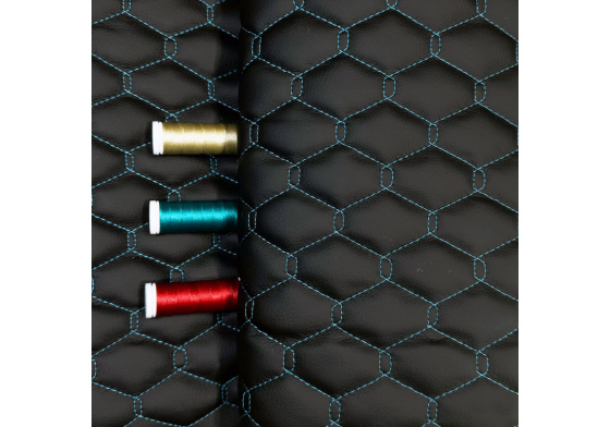 Ekokůže GEO barva Černá prošívaná Tyrkysovými nitěmi, metráž, 145 cm