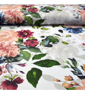 Bavlněná látka 100% bavlny, 125 g/m², šíře 160 cm, kytičky krémově a červené na bílém